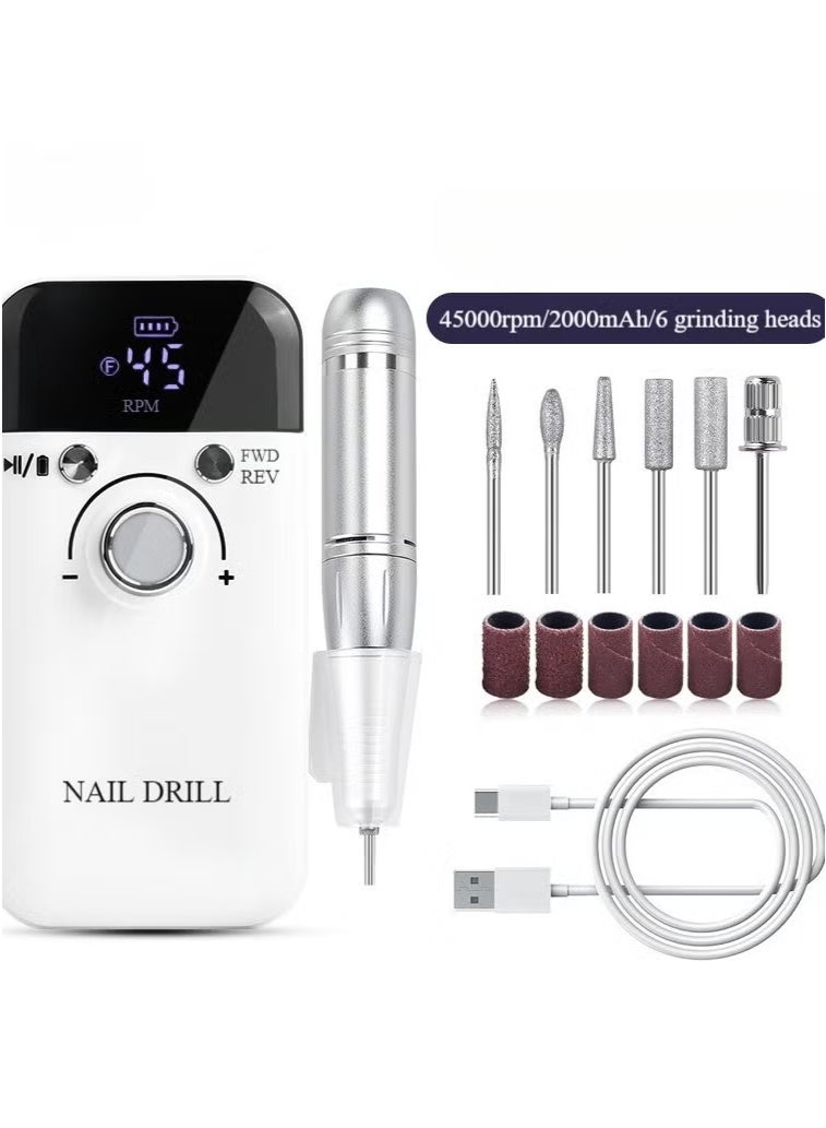 Electric Nail Drill 45000RPM High Speed Professional Portable Nail File Kit for Acrylic Gel Nails Manicure Pedicure Polishing Cuticle and Home Salon Use